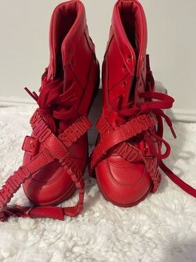 Moschino Red Leather Lace-Up High-Top Boots